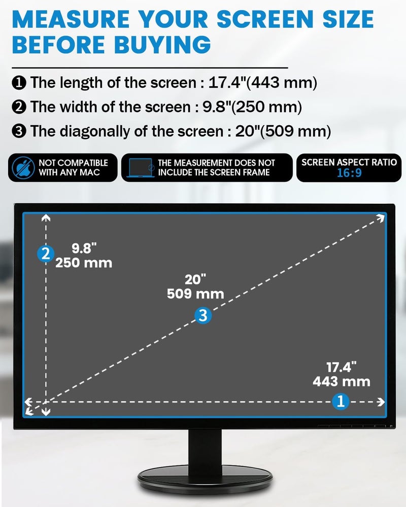 FFORITO 2-Pack 20 inch 16:9 Matte Anti Glare Computer Screen Cover, Anti Glare Eye Protection Film Compatible with All 20" Widescreen Monitors with 16:9 Aspect Ratio (17.4" W x 9.8" H) Not for 16:10 - Image 2